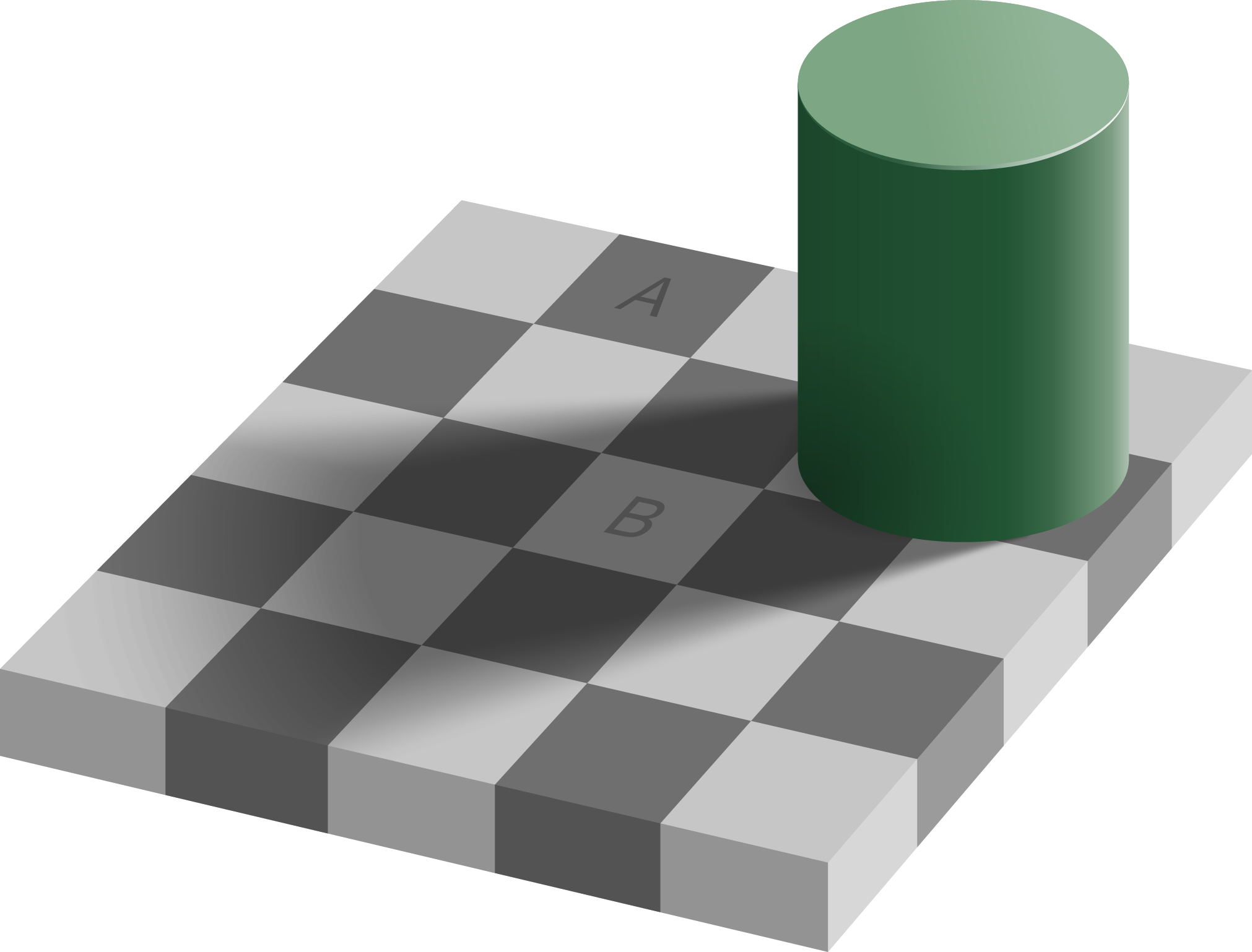 Adelson's Checker Shadow Illusion - squares A and B appear different but are identical