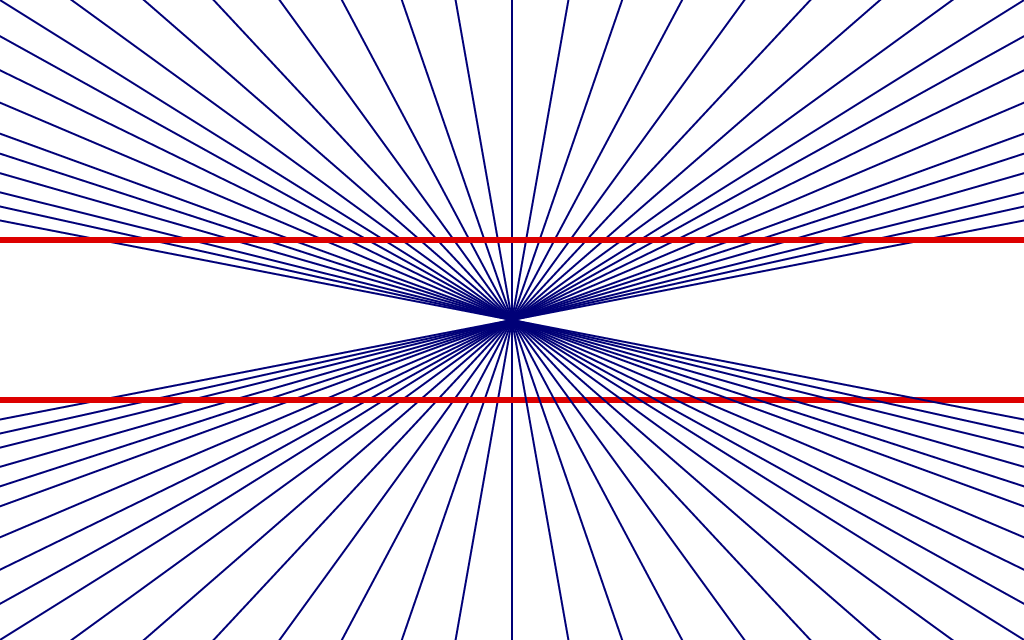 Hering illusion - parallel red lines appear to bend against radiating blue lines